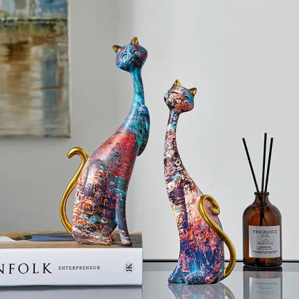 European Style 2pcs Oil Painting Cat Statues Animal Modern Sculpture Room Decoration Accessories Sculptures for Home Design Gift 1