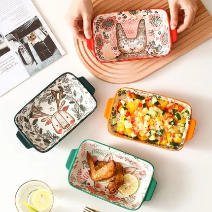 Ceramic Bakeware With Handle Forest Animals Baking Pan  Underglaze  Kitchen Tableware Salad Bowl Au Gratin Dishes 2