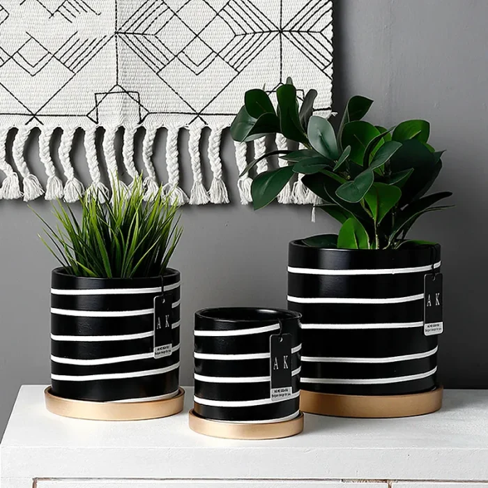 Nordic Black And White Striped Ceramic Flower Pot With Tray Round Potted Desktop Flower Arrangement Container Home Decorations 2
