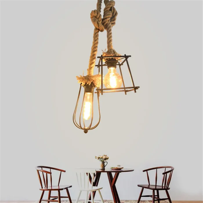 Vintage Hemp Rope Pendant Light Edison Bulb Style Iron Wire Cage Hanging Lamp for Living Room Kitchen Home Light Fixtures Decor 1