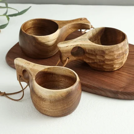 Nordic Solid Wood with Handle, Mug, Camping Accessories, Outdoor Milk, Coffee Cup, Tea Cup, Handmade with Hanging Rope 2