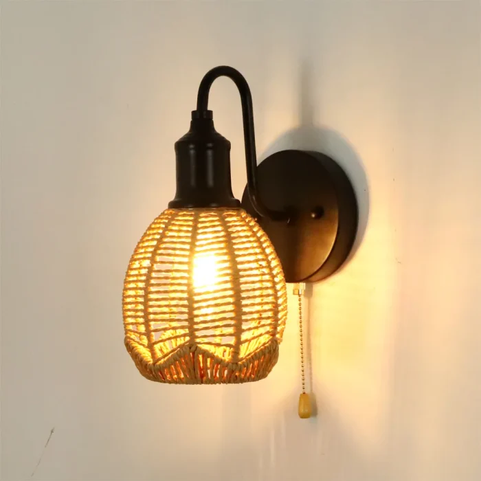Bedroom Bedside Aisle Background Wall Lamp Rattan Pastoral Style Zipper Modern Woven Cage Lamp Pull Cord Wall Lamp 2