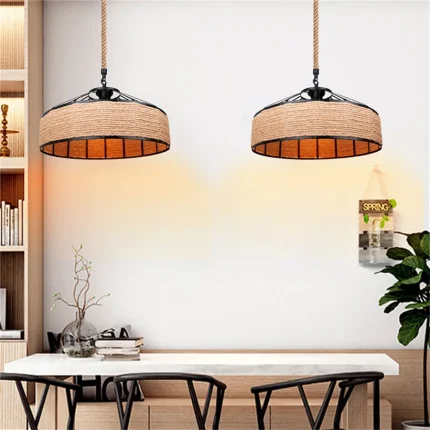 Industrial Hemp Rope Barn Pendant Light Countryard Chandelier Iron Metal Hanging Lamp for Restaurant Living Room Lighting Decor 2