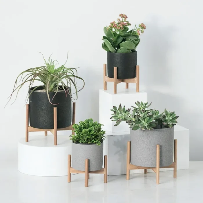 Flower Pot Nordic Desktop Solid Wood Flower Stand Cement Fleshy Flower Pots Creative Simple Living Room Balcony Assembly Cement 1