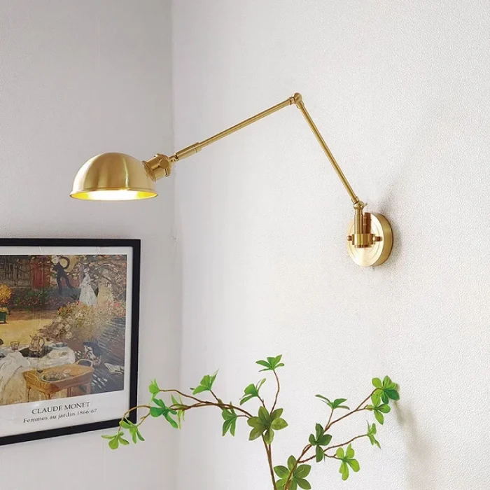 Retro Brass Walnut Wall Lamp Long Arm Telescopic Switch Bedroom Bedside Study LED E27 Reading Wall Lamp Room Lighting Fixture 1