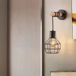 Retro Iron Cage Indoor Wall Light Fixture Modern Wood Arm Hanging Wall Lamp E27 Bedroom Bathroom Mirro Lights Porch Home Sconce 3