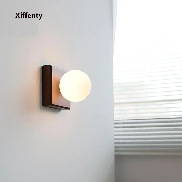 North American walnut ball wall lamp minimalist hotel living room background wall bedside wood lamp 4