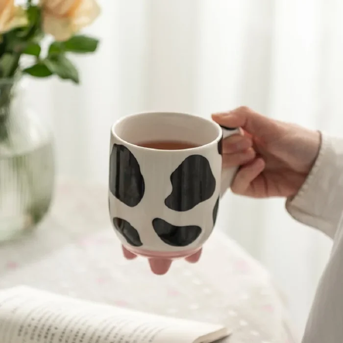 1pc, 500ml/17oz Cute Cartoon Ceramic Cup, Creative Cow Pattern And Footed Water Mug Cup,Coffee Cup Summer Winter Drinkware, Gift 3