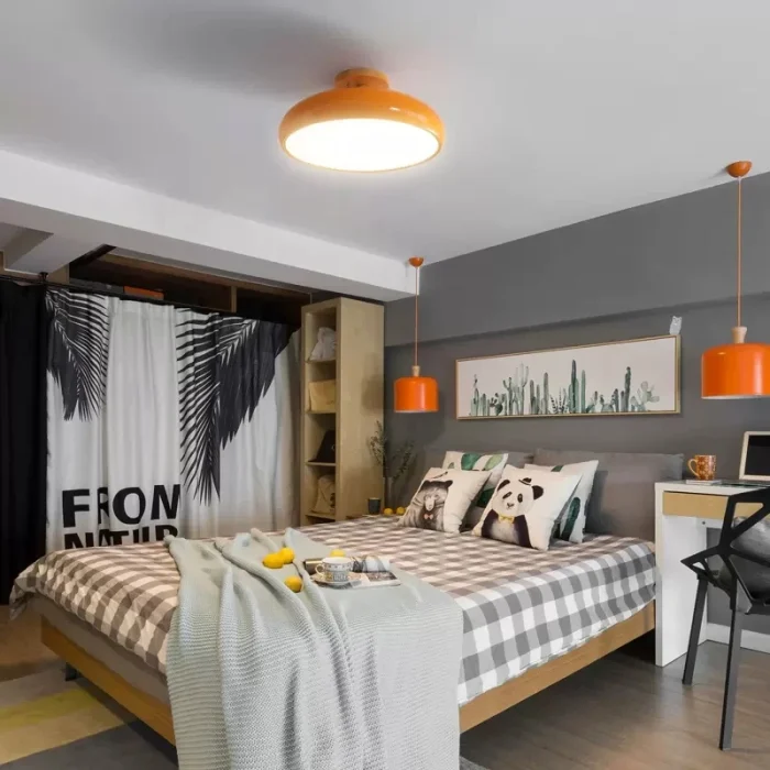 Vintage LED Wooden Ceiling Light Nordic Orange PVC Round Luminaire Living Room Bedroom Dining Room Corridor Indoor Decor Fixture 3