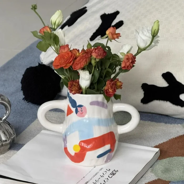 Nordic Hand-painted Ceramic Binaural Vase Ornament Living Room Dining Table Flower Arrangement Container Wedding Vase Decoration 4