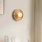 Log bedroom wall light G9 water ripple living room aisle ring solid wood retro walnut headlight entrance lighting wall decor 5