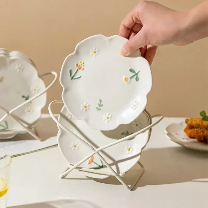 4piece Flower Ceramic Dinner Plate Set 3D Relief Dessert Plate Kitchen Pasta Bread Dish Tableware Service Dish 6/8.5inch Frosted 1