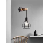 Retro Iron Cage Indoor Wall Light Fixture Modern Wood Arm Hanging Wall Lamp E27 Bedroom Bathroom Mirro Lights Porch Home Sconce 4