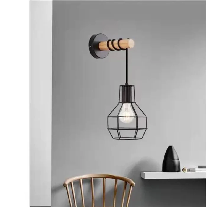Retro Iron Cage Indoor Wall Light Fixture Modern Wood Arm Hanging Wall Lamp E27 Bedroom Bathroom Mirro Lights Porch Home Sconce 4