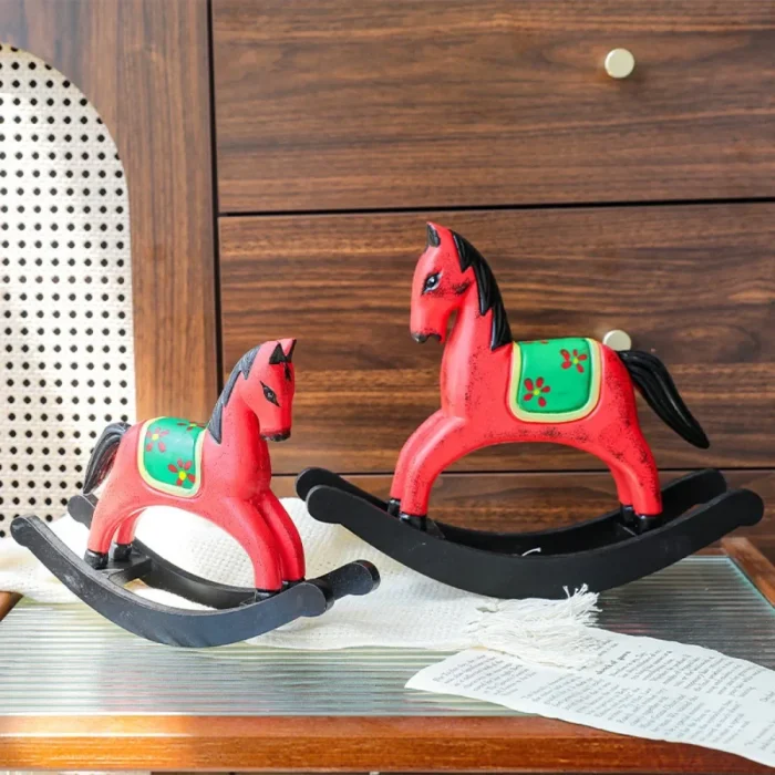 Creative Wooden Red Rocking Horse Sculpture Ornaments Living Room Entrance Office Tabletop Animal Display Crafts Christmas Gifts 3