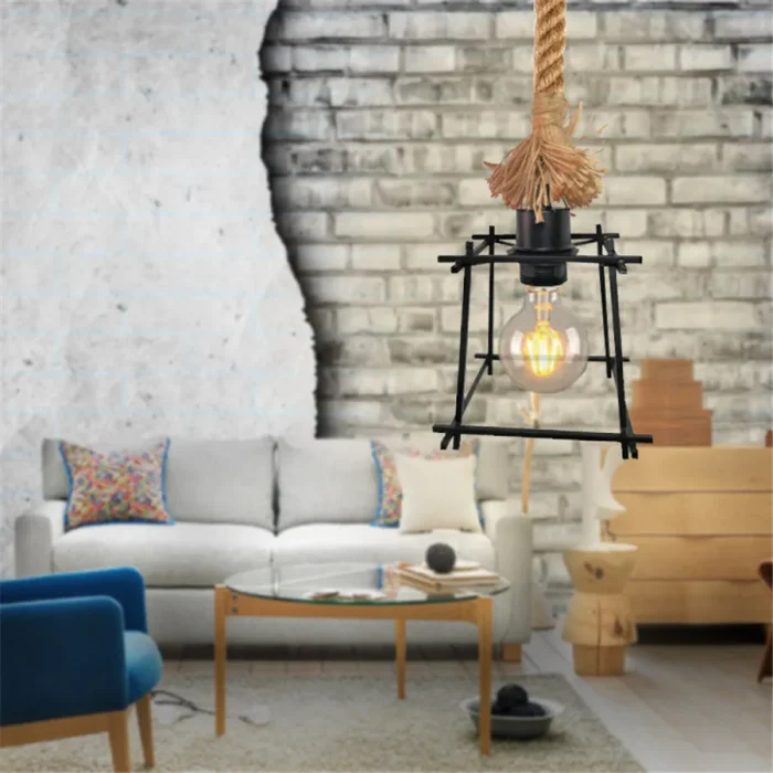 Vintage Hemp Rope Pendant Light Edison Bulb Style Iron Wire Cage Hanging Lamp for Living Room Kitchen Home Light Fixtures Decor 3