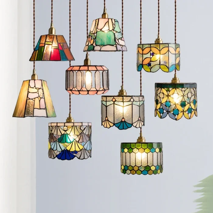 Retro Chandelier Bedroom Bedside Lamp Cafe Restaurant Bar Corridor Small Pendant Lamp Tiffany Creative Colored Copper Glass 1