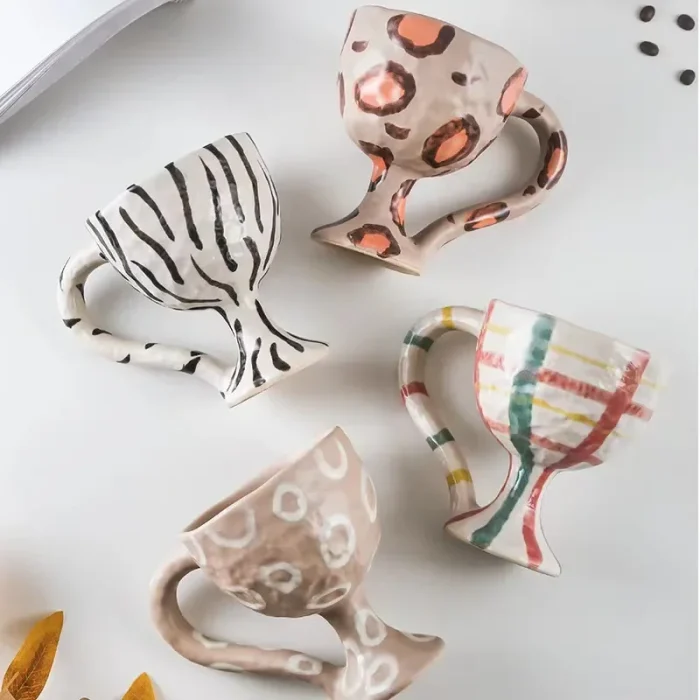 Nordic retro ins high-footed ceramic mug coffee cup water cup creative leopard zebra striped ceramic dessert ice cream cup bowl 2