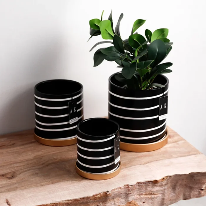 Nordic Black And White Striped Ceramic Flower Pot With Tray Round Potted Desktop Flower Arrangement Container Home Decorations 1