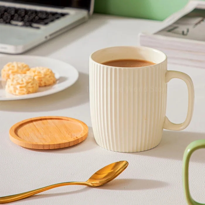 Ceramic Mugs Coffee Cups with Bamboo Lid Milk Tea Cup with Handle Ins Korean Style Oatmeal Breakfast Mug Drinkware Cup Water Cup 4