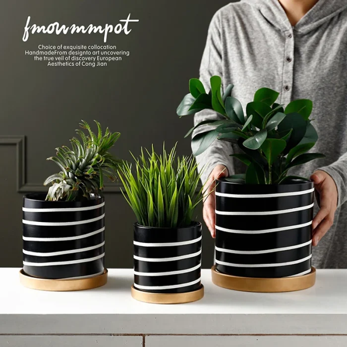 Nordic Black And White Striped Ceramic Flower Pot With Tray Round Potted Desktop Flower Arrangement Container Home Decorations 6
