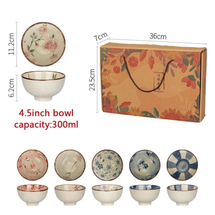 6pcs Ceramic Japanese Grain Bowl Set Heat Resistant Rice Salad Bowl Gift Box Packaging Home Dessert Noodles In Soup Bowl 4.5inch 6