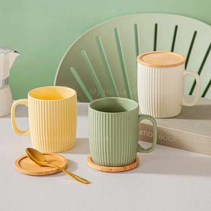 Ceramic Mugs Coffee Cups with Bamboo Lid Milk Tea Cup with Handle Ins Korean Style Oatmeal Breakfast Mug Drinkware Cup Water Cup 6