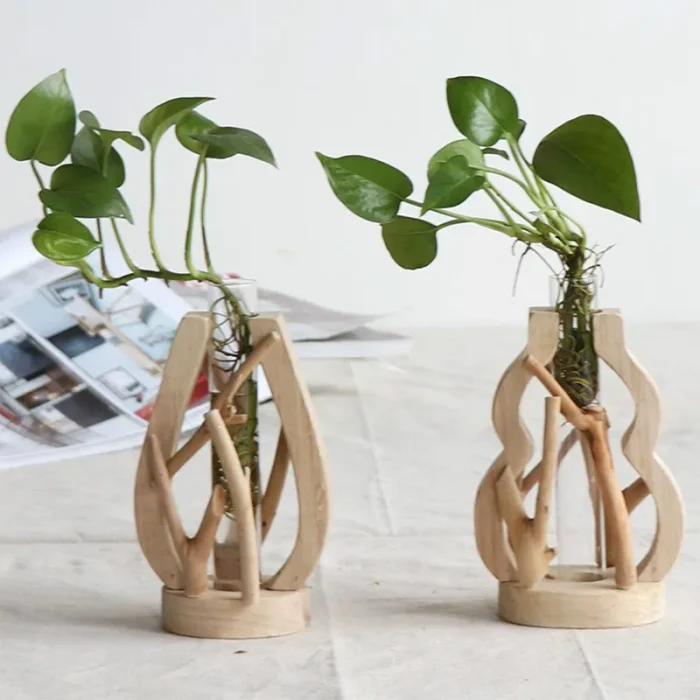 1 Set Pure Handwork Wooden Vase Decorated Solid Wood Flower Pot for Creative Glass Floral Hydroponic Container Home Decorative 3