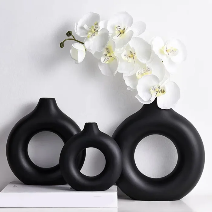 1Pcs Plastic Flat Minimalist Vase Wedding Decoration Donut Shape Flower Vase Oval Hollow Black Vases Fashion Home Living Room 4