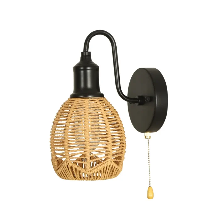 Bedroom Bedside Aisle Background Wall Lamp Rattan Pastoral Style Zipper Modern Woven Cage Lamp Pull Cord Wall Lamp 4