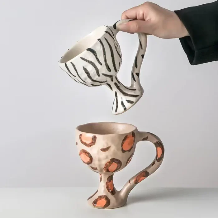 Nordic retro ins high-footed ceramic mug coffee cup water cup creative leopard zebra striped ceramic dessert ice cream cup bowl 1