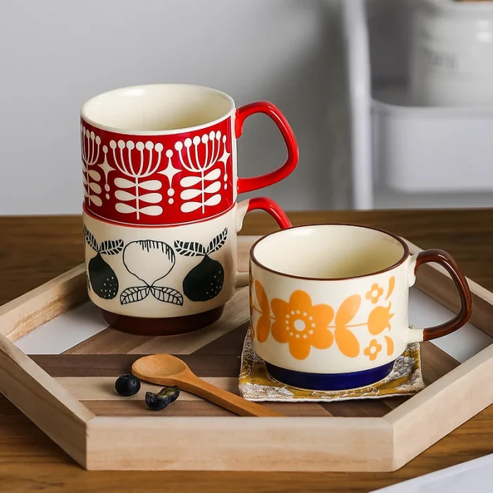 4pcs Ceramic Ear Hanging Coffee Mug Underglaze Colored Breakfast Milk Oatmeal Cup Japanese Retro Style Lovers Mug Stackable 2