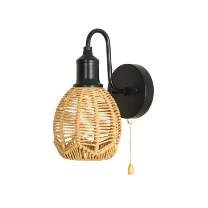 Bedroom Bedside Aisle Background Wall Lamp Rattan Pastoral Style Zipper Modern Woven Cage Lamp Pull Cord Wall Lamp 1