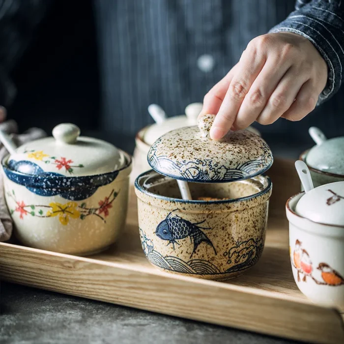 1pcs Ceramic Seasoning Jar With Lid And Spoon Kitchen Spice Jars For Salt/Sugar/Pepper/Tea Japanese Style Condiment Storage Box 3