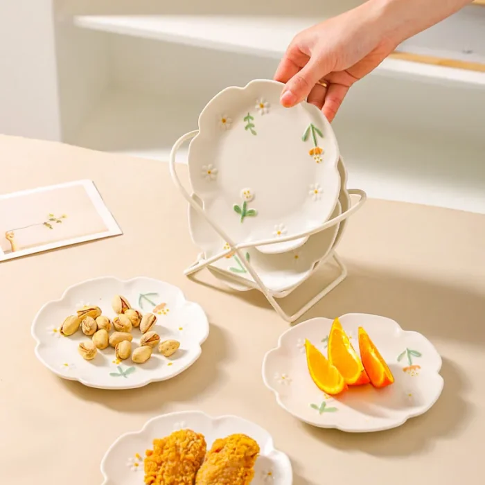 4piece Flower Ceramic Dinner Plate Set 3D Relief Dessert Plate Kitchen Pasta Bread Dish Tableware Service Dish 6/8.5inch Frosted 5
