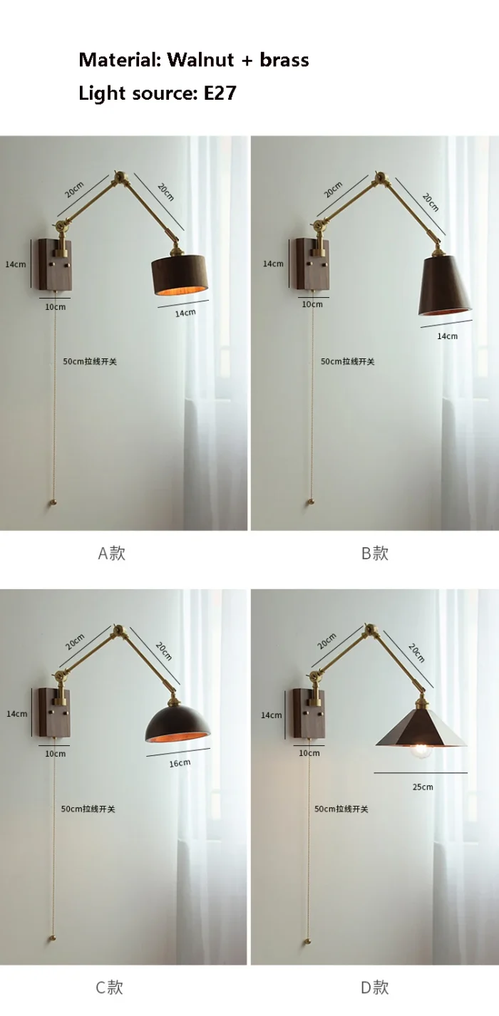 Retractable Wooden Wall Light with Rope Switch Bedside Japanese Rotatable Study Bedroom LED Light 3
