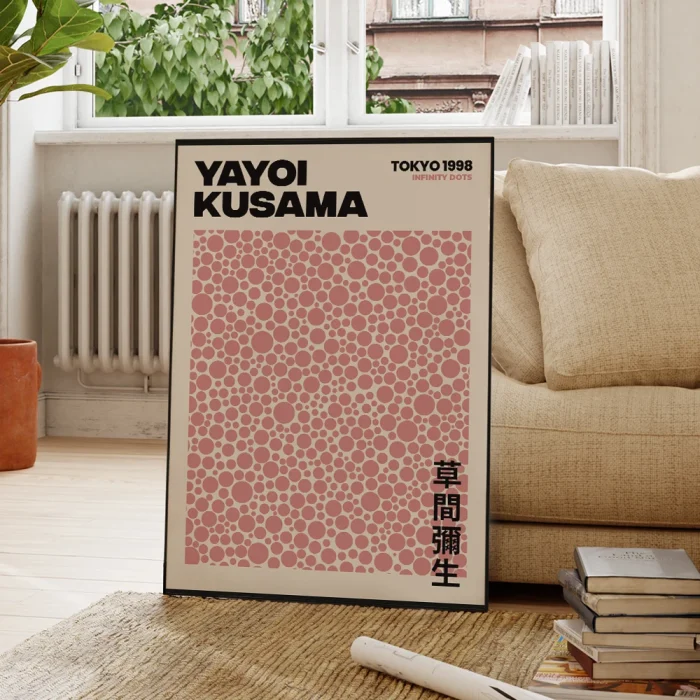 Modern Abstract Japanese Art Yayoi Kusama Pink Dots Wall Art Aluminum Frame Prints Canvas Painting Poster Living Room Home Decor 2