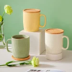 Ceramic Mugs Coffee Cups with Bamboo Lid Milk Tea Cup with Handle Ins Korean Style Oatmeal Breakfast Mug Drinkware Cup Water Cup 1