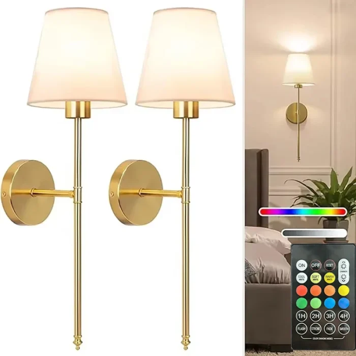 Retro Wall Lamp LED Rechargeable Remote Control RGB Bulb Removable Wireless Wall Light For Bedroom Hallway Fabric Shade Sconce 3