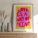 Maximalist Vivid Pink Colorful 'Love Is A Way Of Being' Typography Wall Art Canvas Painting Posters For Living Room Home Decor 1