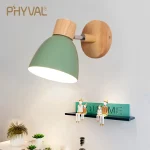 PHYVAL Nordic Wall Lamp Bedside Wall Light Wooden Wall Sconce For Bedroom Living Room Home Lighting E27 Macaroon Steering Head 2
