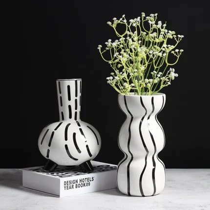 Modern Northern Europe Minimalist Black-and-white Striped Ceramic Vase Flower Arrangement Household Model Room Soft Decoration 1