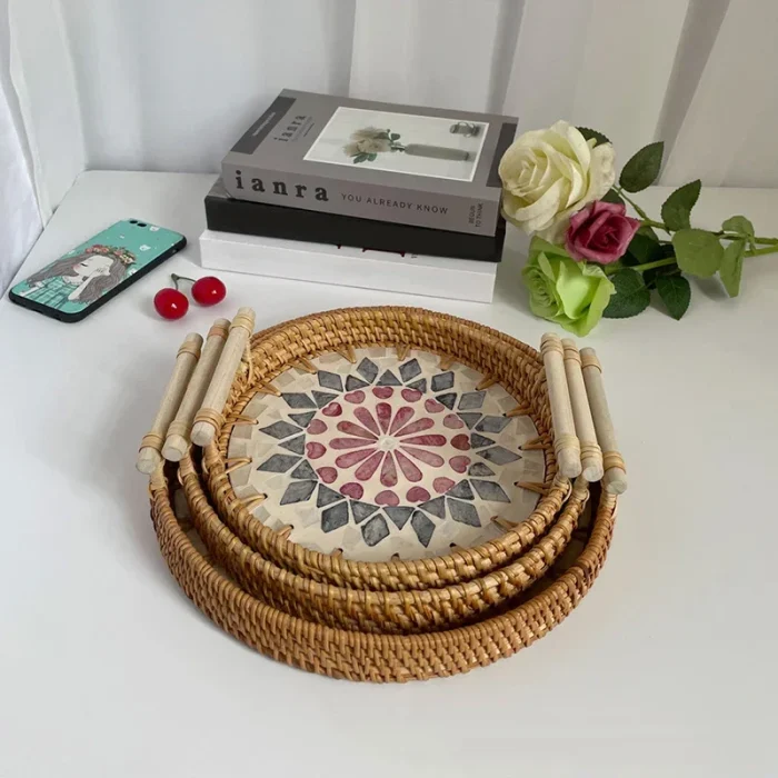 Vintage Rattan Weaving Shell Tray Handmade Basket with Wood Handle Bohemia Ethnic Style Storage Box for Snack Fruit Home Decor 4