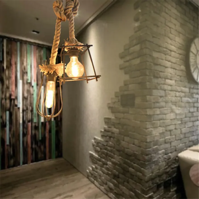 Vintage Hemp Rope Pendant Light Edison Bulb Style Iron Wire Cage Hanging Lamp for Living Room Kitchen Home Light Fixtures Decor 2