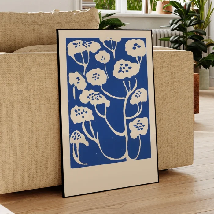 Modern Nordic Blue Abstract Blue Flower Plant Wall Art Aluminum Frame Prints Canvas Painting Poster For Living Room Home Decor 1