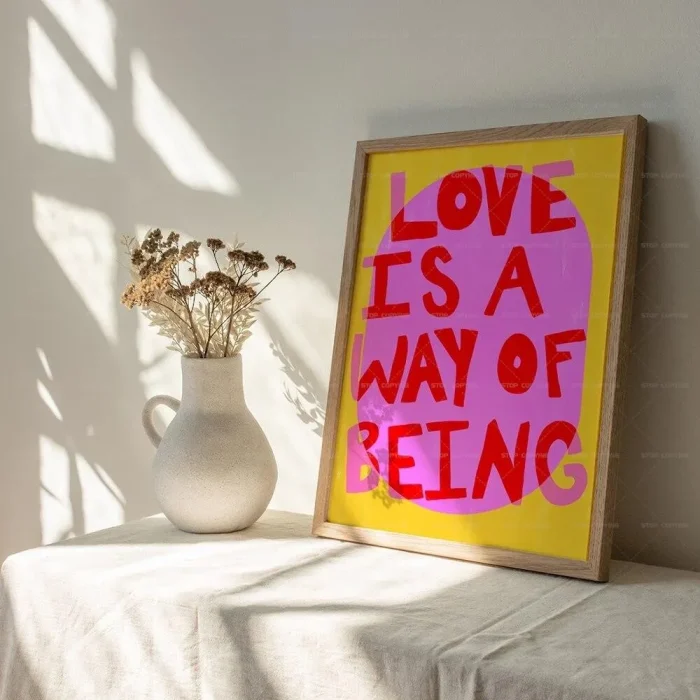 Maximalist Vivid Pink Colorful 'Love Is A Way Of Being' Typography Wall Art Canvas Painting Posters For Living Room Home Decor 3