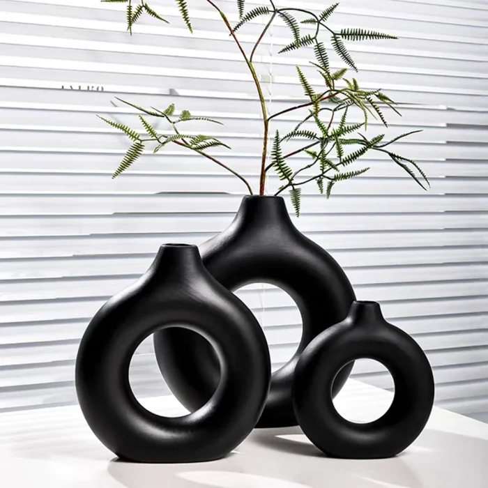 1Pcs Plastic Flat Minimalist Vase Wedding Decoration Donut Shape Flower Vase Oval Hollow Black Vases Fashion Home Living Room 5