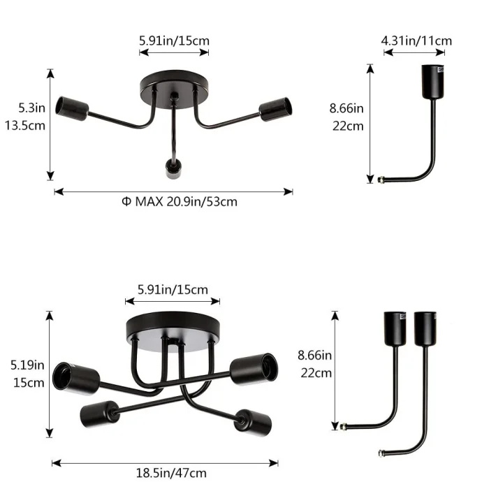 Semi-Flush 3/4 Lights Industrial Ceiling Lamp Metal Branch Vintage  Lighting Fixture for Kitchen Living Room Dining Room Bedroom 6