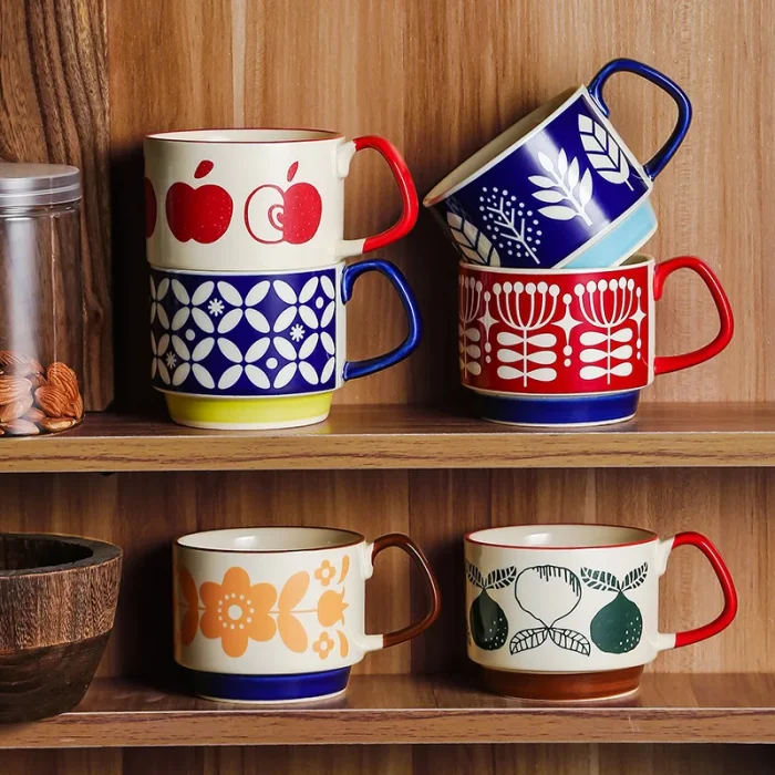 4pcs Ceramic Ear Hanging Coffee Mug Underglaze Colored Breakfast Milk Oatmeal Cup Japanese Retro Style Lovers Mug Stackable 4