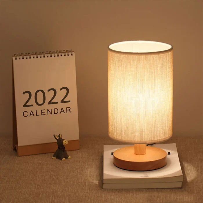 USB Bedside Lamp Night Lights Table Lamp For Bedroom Wooden Desk Lamp Bedside Night Light with Cylinder Lamp Shade Home Decor 2